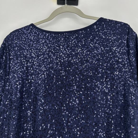 Roamans Blue Sequins Top Blouse Short Sleeve Stretch Scoop Neck Size 22W - Picture 6 of 9